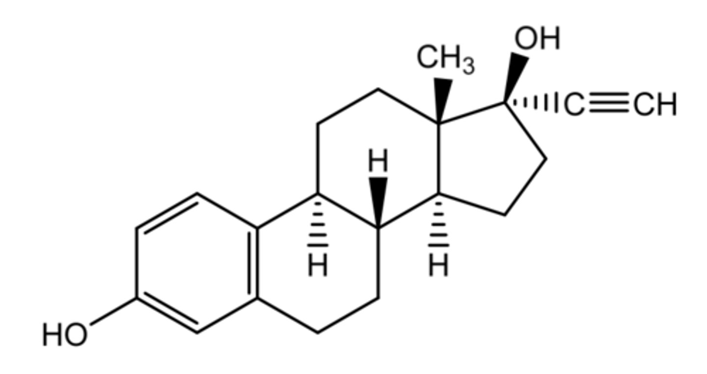 <p>(estrogenic)</p><p>more potent + more stable than estradiol</p><p>ROA: PO, injection</p><p>indication: hypogonadism</p><p>- moder-severe vasomotor symptoms associated with menopause</p><p>SAR: metabolically more stable than estradiol due to C17 ethynyl group preventing oxidation</p><p>ADME: </p><p>- rapid + complete absorption after oral admin</p><p>- first pass metabolism to O-glucuronide and sulfate derivatives + enterohepatic circulation</p>