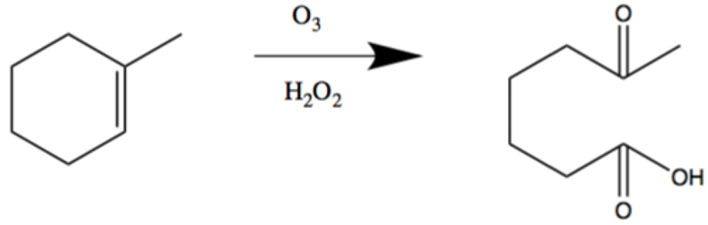 <p>cleaves alkene = </p><p>1º carboxylic acid</p><p>2º ketone</p><p>Oxidizing cond.</p>
