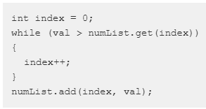 <p><span><span>In the following code segment, assume that the ArrayList numList has been properly declared and initialized to contain the Integer values [1, 2, 2, 3]. The code segment is intended to insert the Integer value val in numList so that numList will remain in ascending order. The code segment does not work as intended in all cases.</span></span><br><br><span><span>For which of the following values of val will the code segment not work as intended?</span></span></p>