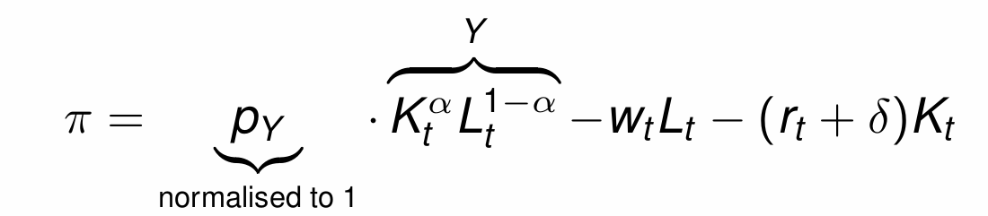 <p>Maximising profits wrt labour in period t gives what equation?</p>
