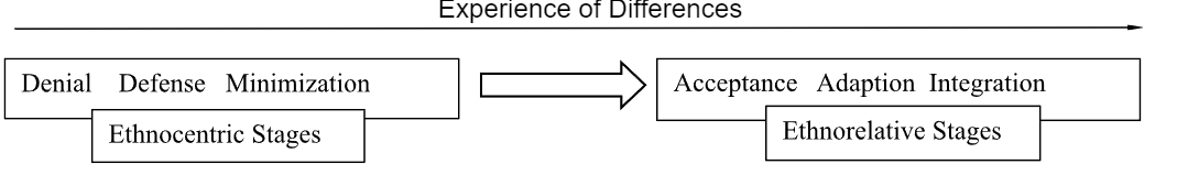 <p></p><p><strong>Ethnocentric</strong></p><p><strong>Denial</strong> stage 🡪 fail to acknowledge existence of cultural differences</p><p><strong>Defense </strong>stage 🡪 acknowledge cultural differences as threatening</p><p><strong>Minimization </strong>stage 🡪 trivialize cultural differences and put little significance on differences</p><p></p><p><strong>Ethnorelative</strong></p><p><strong>Acceptance </strong>stage 🡪 understand and respect cultural differences</p><p><strong>Adaption</strong> stage 🡪 develop intercultural communication skills</p><p><strong>Integration</strong> stage 🡪 multicultural view</p>