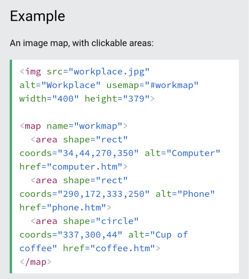 <p>Defines a <strong>clickable area</strong> inside an image map.</p>