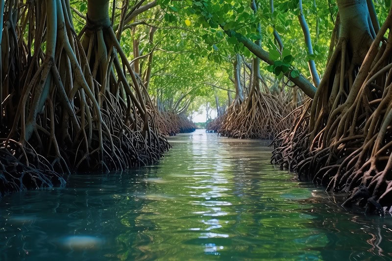 <p>Tend to be in water, uses prop roots, their leaves have shiny, dark green uppersides and pale green undersides and occur opposite from each other along the branches.</p>