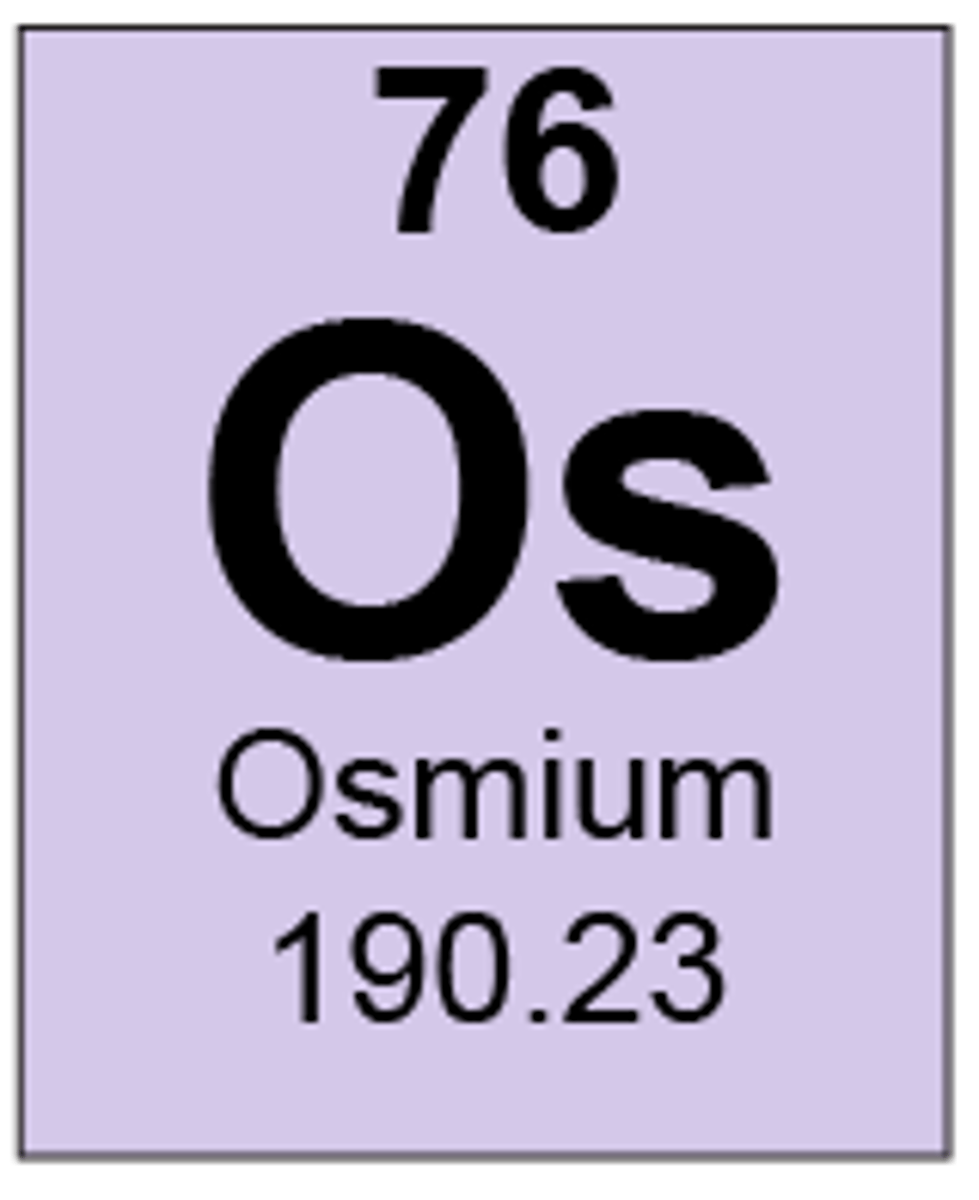 <p>Symbol: Os<br>Atomic Mass: 190.2<br>Atomic Number: 76</p>