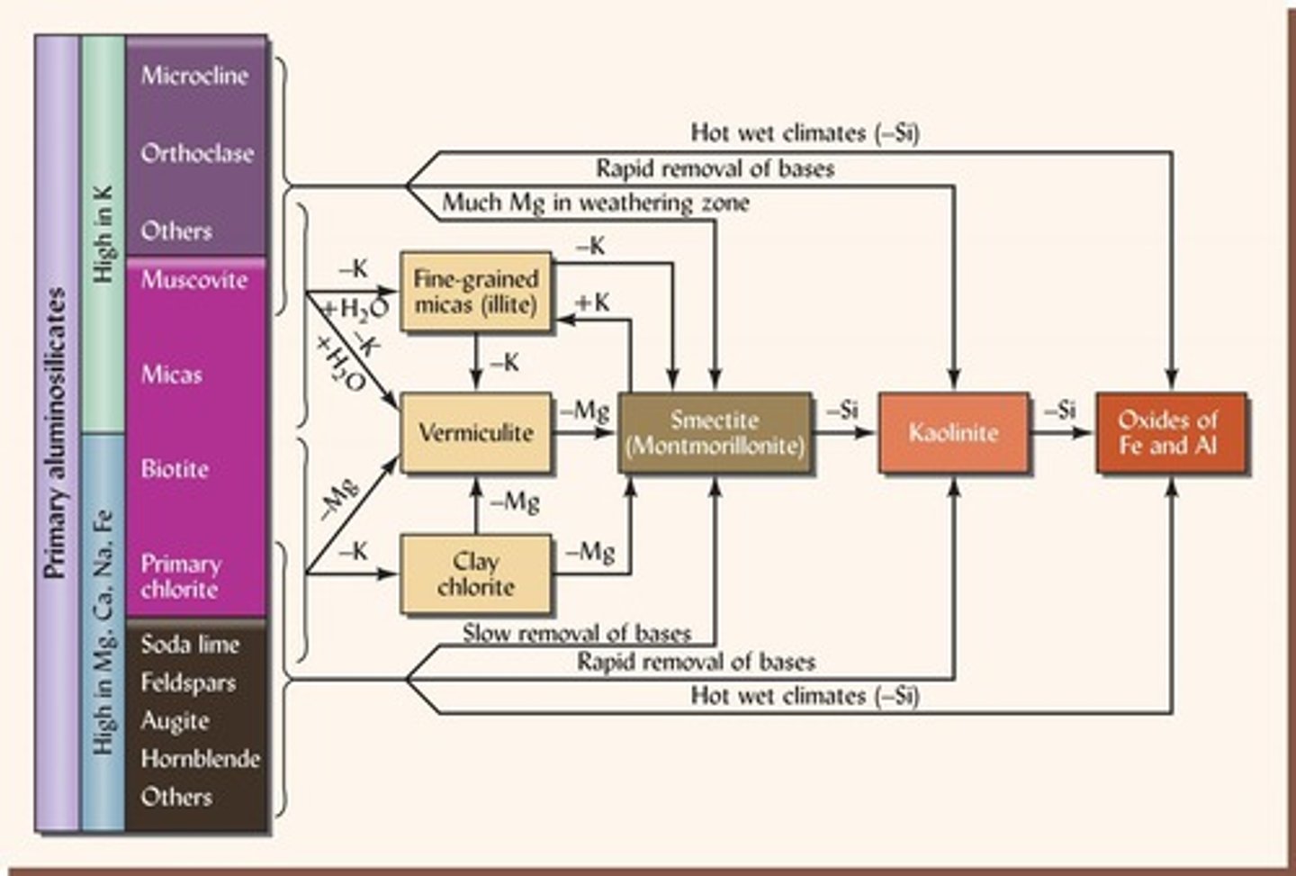 <p>1. Early: Micas/Chlorites, 2. Intermediate: Smectites/Vermiculites, 3. Advanced: Kaolinites, 4. Extreme: Fe/Al Oxides.</p>