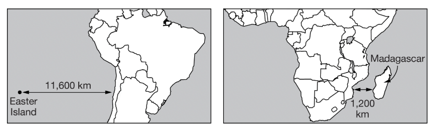 <p><span><span>The image shows two different islands and the relative distance to the nearest mainland. Based on the theory of island biogeography, what best predicts the effect of the introduction of an invasive species on Easter Island compared to Madagascar?</span></span></p>