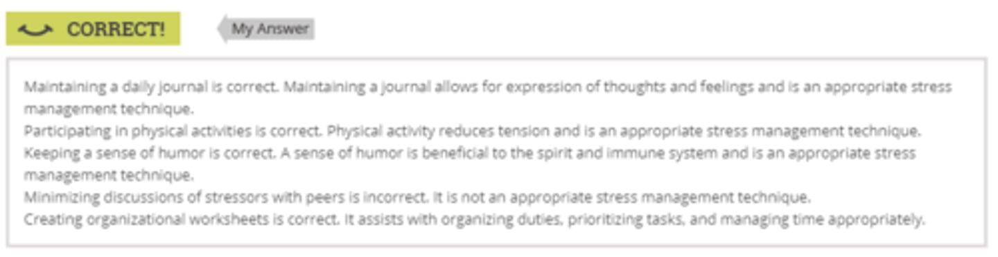 <p>Maintaining a daily journal</p><p>Participating in physical activities</p><p>Keeping a sense of humor</p><p>Creating organizational worksheets</p>