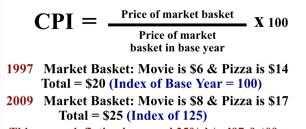 <p>CPI = 100 * current MB / base MB</p><ul><li><p>base index = 100</p></li></ul><p></p>