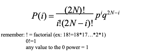 <p>The discrete probability distribution of the number of successes in a  sequence of N independent yes/no experiments (e.g., drawing an A  allele or not), each of which yields success with probability p (freq.  of the A allele) or failure with probability q (freq. of the a allele)</p><p>The number of ways of  drawing i A alleles  out of 2N draws</p><p></p>