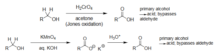 <ul><li><p>Strong oxidation: aldehydes/1° alcohols → <strong>acids</strong>.</p></li><li><p>2° alcohols → <strong>ketones</strong>.</p></li><li><p>Cleaves alkenes → carbonyls or acids.</p></li><li><p>Very aggressive, over-oxidation common.</p></li></ul><p></p>