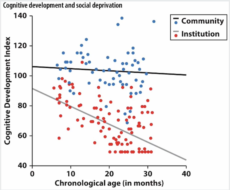 <ul><li><p><strong><em>Study: </em></strong><em>Overcrowded Romanian orphanages in the 1980s</em></p></li></ul><ol><li><p>The babies reduced their exploration, locomotion, and motor action.</p></li><li><p>﻿﻿﻿The babies reacted with terror, anger, and fear to any person. If the person remained, the baby would sometimes cling frantically to them.</p></li><li><p>﻿﻿﻿Rocking back and forth, biting themselves, banging their head, and other rocking patterns were evidenced.</p></li><li><p>﻿﻿﻿Babies developed vacant stares and seemed unaware of their environment.</p></li><li><p>Large decrease in cognitive development from 0 - 40 months</p></li><li><p>﻿﻿﻿37% of these babies died by age 2 (compared with 0% in the other environment—children raised with family). </p><p></p></li></ol><p></p>