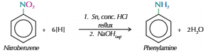 <ul><li><p>Heat mixture of nitro compound with <u>tin metal &amp; conc HCl</u> under <u>reflux</u> = aromatic ammonium salt</p></li><li><p>Add alkali e.g. sodium hydroxide solution = aromatic amine</p></li></ul><p></p>