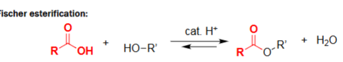 <ul><li><p>Formation of an ester from a carboxylic acid and an alcohol.</p></li><li><p>Acid catalyst drives nucleophilic attack and dehydration.</p></li><li><p>Reaction is reversible and reaches an equilibrium.</p></li></ul><p></p>