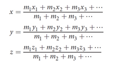<p>weight of an object applied at a single point</p><p>for a system of particles distributed in all three dimensions: center of mass defined by three coordinates (xyz)</p><p>center of mass of a uniform object is at the geometric center of the object.</p>
