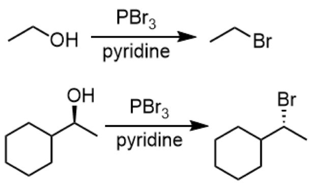 <ul><li><p>reagent: PBr<sub>3</sub></p></li><li><p>for stereochemistry: causes an inversion of stereochemistry</p><p></p></li></ul><p></p>