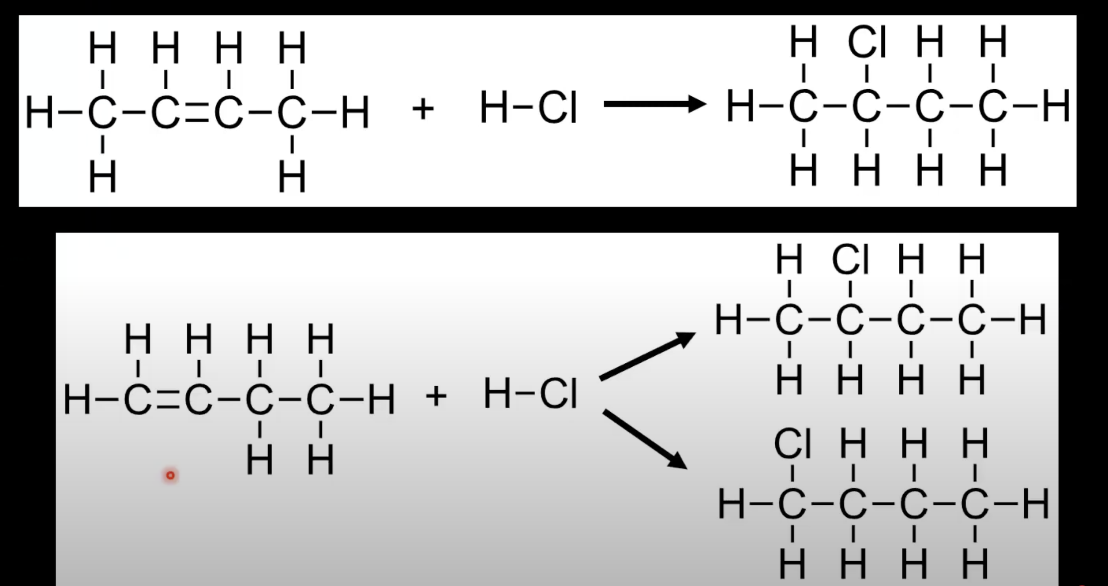 <p>Symmetrical alkenes form one product. </p><p>Unsymmetrical alkenes may form two products.</p>