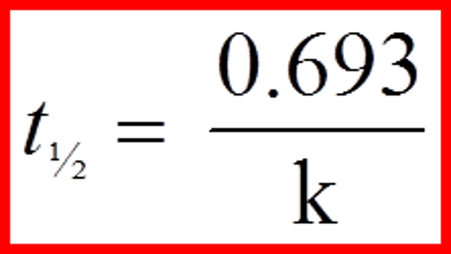 <p>t1/2 = 0.693/k (doesn't change over time)</p>