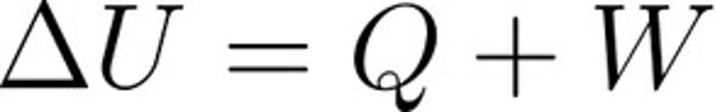 <p>- Energy is never created nor destroyed; simply changes from one form to another.</p><p>- Delta U: change in internal energy of the system</p><p>- Q: heat added to the system</p><p>- W: Work done on the system</p>
