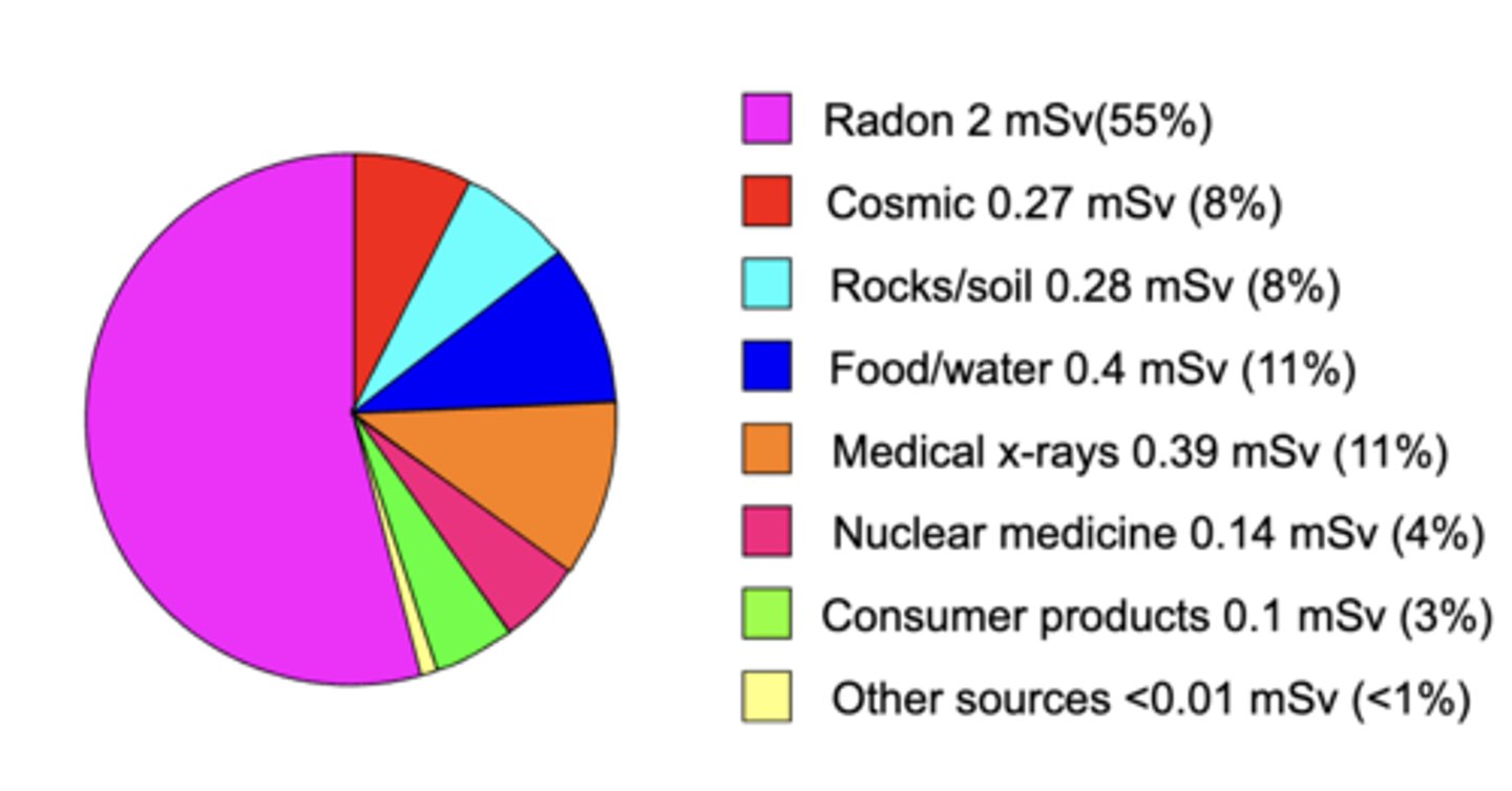 <p>- Each year, people are exposed to various types of ionizing</p><p>radiation and receive an average dose of 3.6 mSv (360</p><p>mrem ) per year.</p><p>- Radon 2 mSv(55%)</p><p>- Cosmic 0.27 mSv (8%)</p><p>- Rocks/soil 0.28 mSv (8%)</p><p>- Food/water 0.4 mSv (11%)</p><p>- Medical x-rays 0.39 mSv (11%)</p><p>- Nuclear medicine 0.14 mSv (4%)</p><p>- Consumer products 0.1 mSv (3%)</p><p>- Other sources &lt;0.01 mSv (&lt;1%)</p>