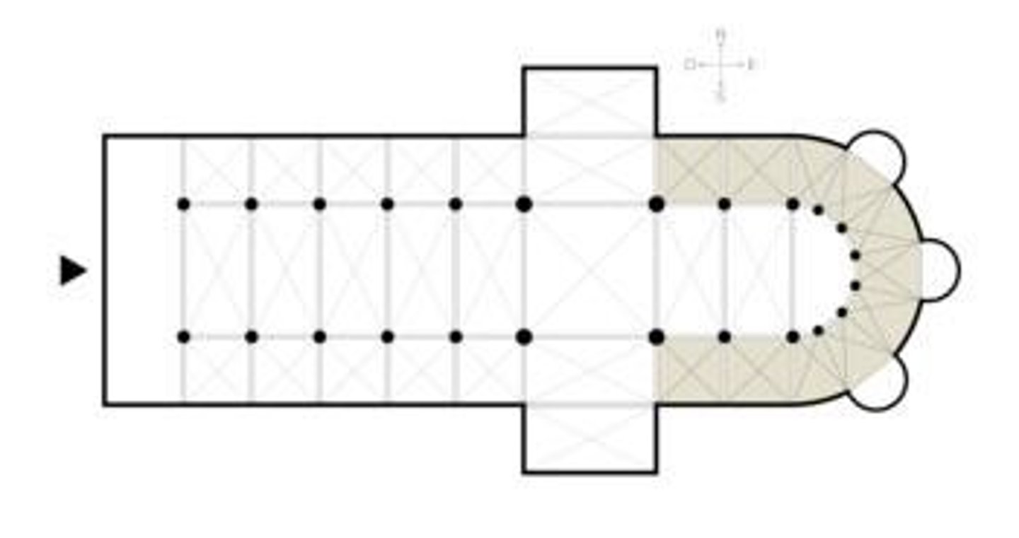 <p>A passageway that curves around the apse or central space of a church, allowing movement and pilgrimage access without disturbing the main liturgical area.</p>