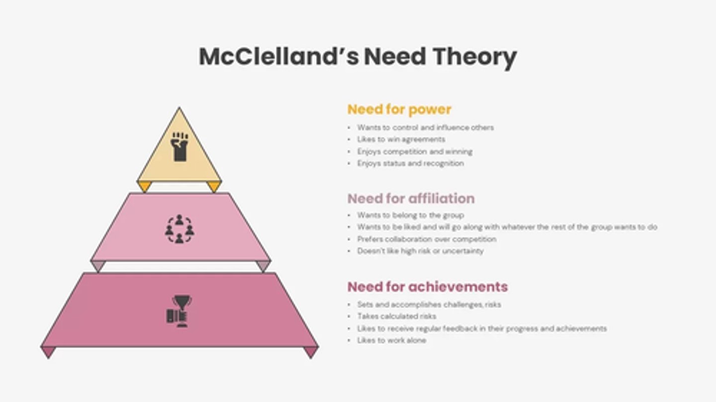 <p>Suggests people are motivated by the need for affiliation, the need for achievement, or the need for power</p>