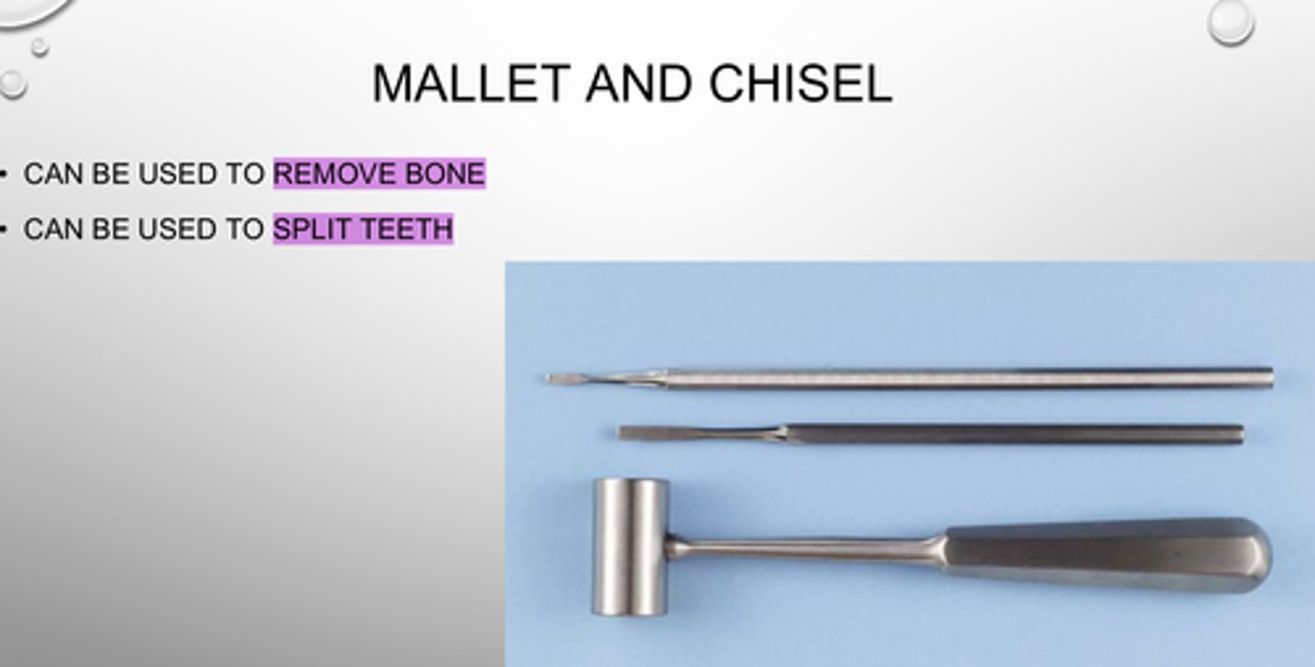 <p>Which OS Bone Removal instrument:</p><p>- Can be used to Remove bone &amp; Split teeth</p><p>- Ex: Osteotomes: made to cut bone (i.e. lingual tori)</p>