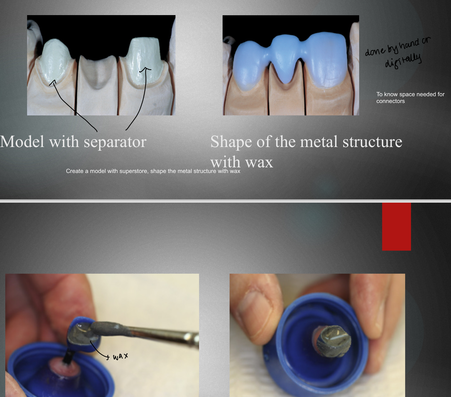 <p><span>Create a model with separator, shape the metal structure with wax</span></p><p><span>Spruce technique with investment removal </span></p><p><span>Complete the casting process, where wax replica is converted into a metal alloy</span></p>