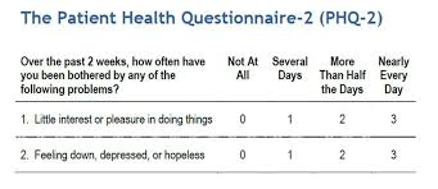 <p>A brief, two-item screening tool used to assess for depression and anhedonia symptoms. It is based on the first two questions of the Patient Health Questionnaire-9 (PHQ-9), a more comprehensive measure of depression.</p><p>Over the past two weeks, how often have you felt little interest or pleasure in doing things? (0 = not at all, 3 = nearly every day)</p><p>Over the past two weeks, how often have you felt down, depressed, or hopeless? (0 = not at all, 3 = nearly every day)</p>