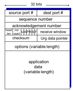<p>source port #</p><p>destination port #</p><p>checksum</p><p>sequence number</p><p>acknowledgement number</p><p>receive window</p><p>header length</p><p>options</p><p>flag</p><p>urgent data pointer</p>