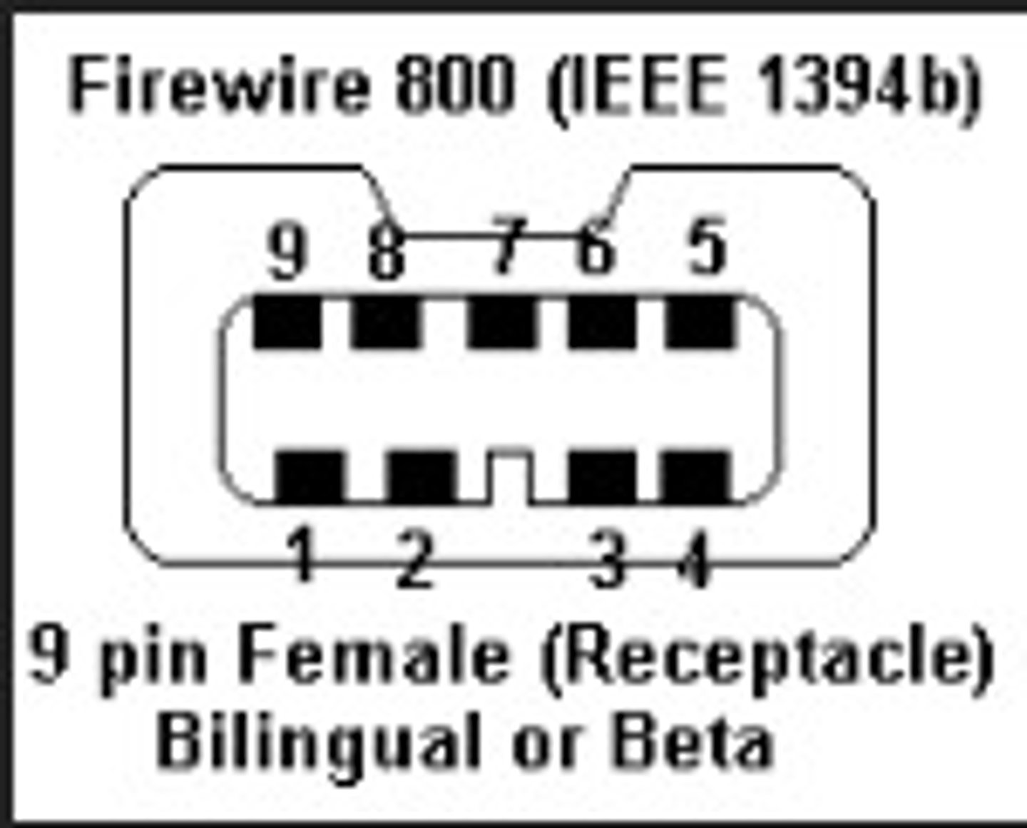 <p>FireWire 800 - 9-pins, max speed 800 Mbps;</p>