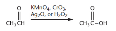 <p>form carboxylic acids</p><p>oxidzing agents: potassium permanganate (KMnO4), chromium trioxide (CrO3), silver(I) oxide (Ag2O), and hydrogen peroxide (H2O2)</p>