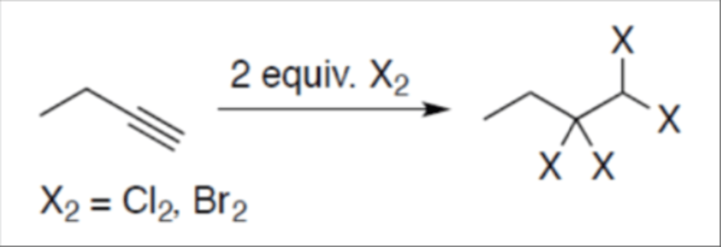 <p>Carbocation: yes (no rearrangement)</p><p>Regiochemistry: mark</p><p>Stereoselectivity: anti</p><p>Reagent(s): 2 equivalents Cl2 or Br2</p><p>- Adds 2 X on both the alkyne carbons</p>