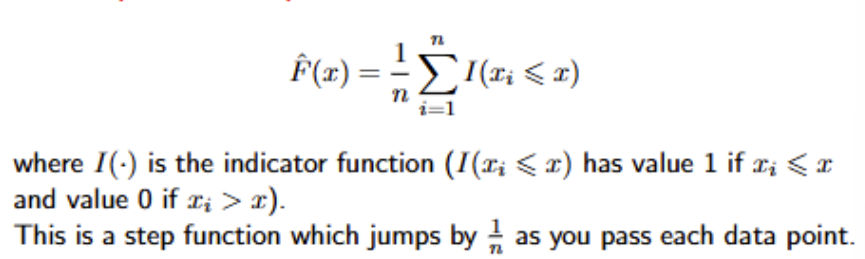 <p>This makes sense because if you think about it, each event of xi&lt;=x is equally likely, and if there are n number of xi’s, then 1/n gives you the probability that an xi&lt;x, so you add the summation in since we are talking about cumulative, so probability that x1 and x2 are less than x is 2/n. </p>