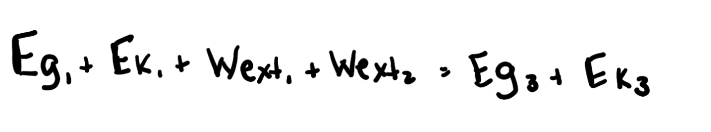 <p>key idea: you need to account for external work 2x because energy is moved out of the system 2x between event 1 and 3 </p>