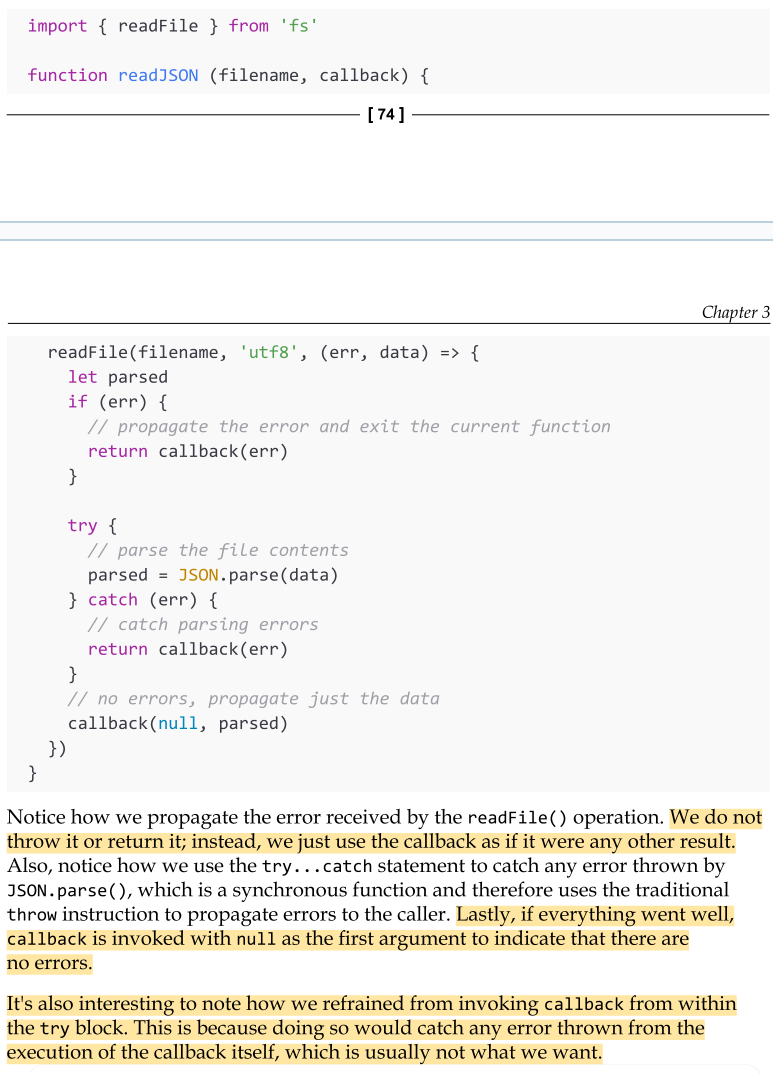 <p>Propagating errors in synchronous, direct style functions is done with the well-known throw statement, which causes the error to jump up in the call stack until it is caught. In asynchronous CPS, however, proper error propagation is done by simply passing the error to the next callback in the chain.</p>
