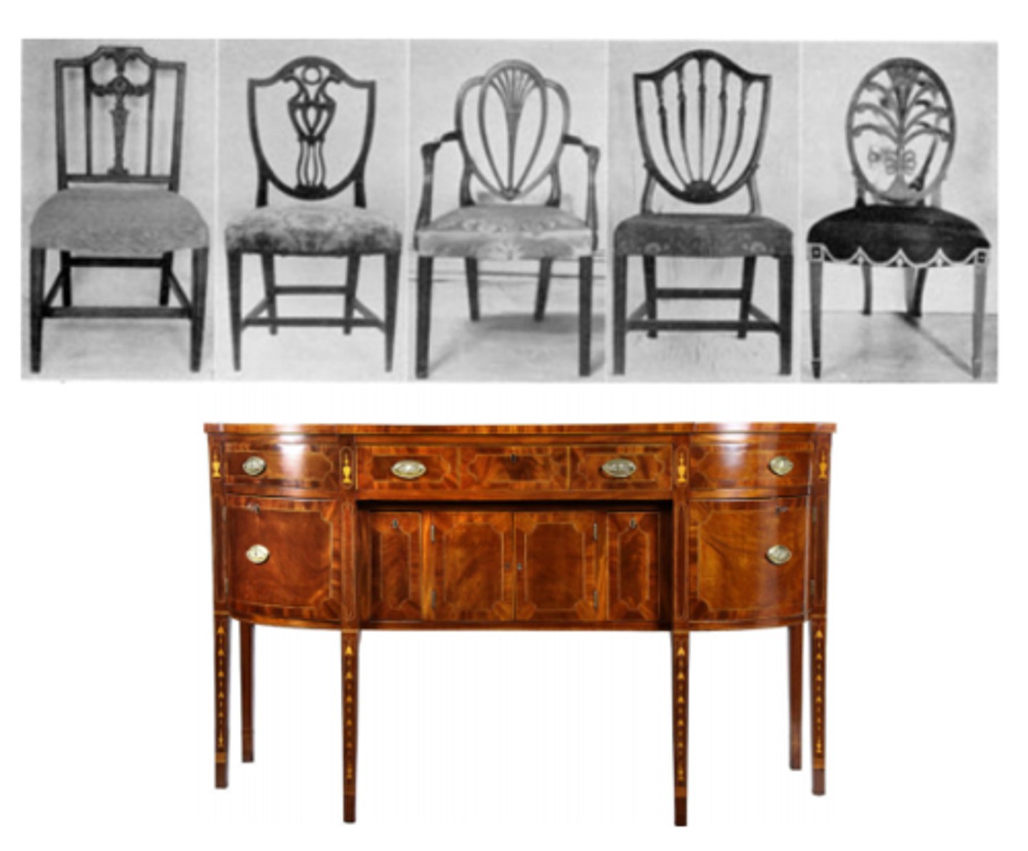 <p>Heart, shield, oval, camel, or wheel back</p><p>satinwood or majogany</p><p>furniture weak in construction but it looked very elegant</p><p>straight legs - round or square, tapered towards foot</p><p>spade, thimble, or sabot foot</p><p>carved ornament on back</p>