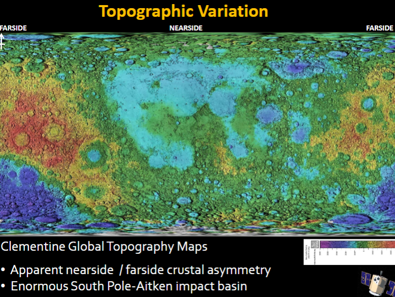 <p>CCD camera mapping of the lunar surface in UV/VIS wavelengths. </p><p>Hotter colours are thicker crust, farside is thicker crust. </p>