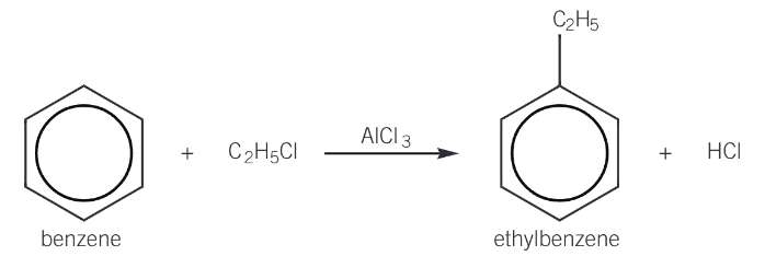 <ul><li><p>the substitution of a hydrogen atom in a benzene ring by an alkyl group</p></li><li><p>reacting benzene with a haloalkane in the presence of AlCl3, which acts as a halogen carrier catalyst forming the electrophile</p></li></ul><p></p>