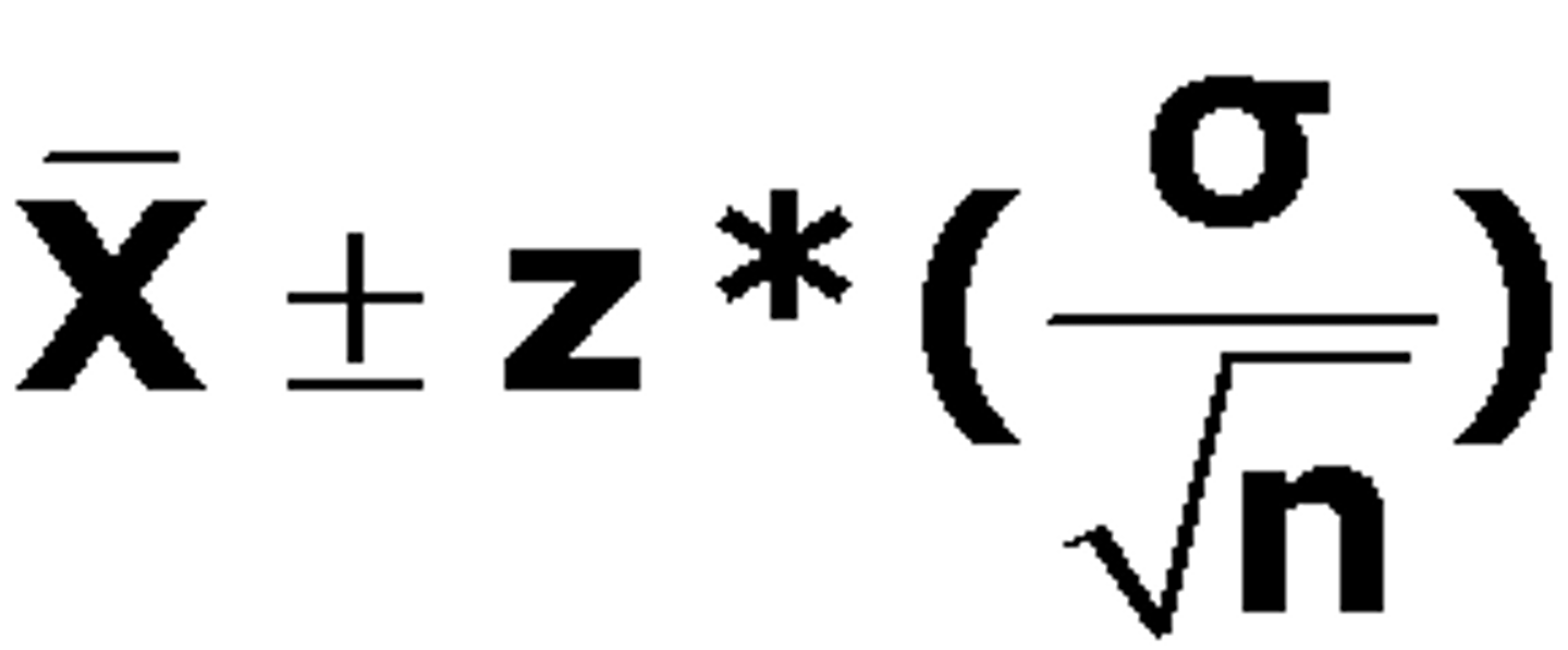 <p>the range on either side of an estimate from a sample that is likely to contain the true value for the whole population</p><p>confidence interval for data which follows a standard normal distribution is: (see image)</p><p>Where:</p><p>CI = the confidence interval</p><p>X̄ = the population mean</p><p>Z* = the critical value of the z-distribution</p><p>σ = the population standard deviation</p><p>√n = the square root of the population size</p><p>When calculating confidence intervals, you need to have the standard deviation of the entire population. However, since getting measures about the whole population is challenging, the population standard deviation is likely unknown. In that case, while it's more precise to use the t-distribution, if your sample size is greater than 30, it's reasonable to use the normal distribution and substitute the sample standard deviation as in image</p>