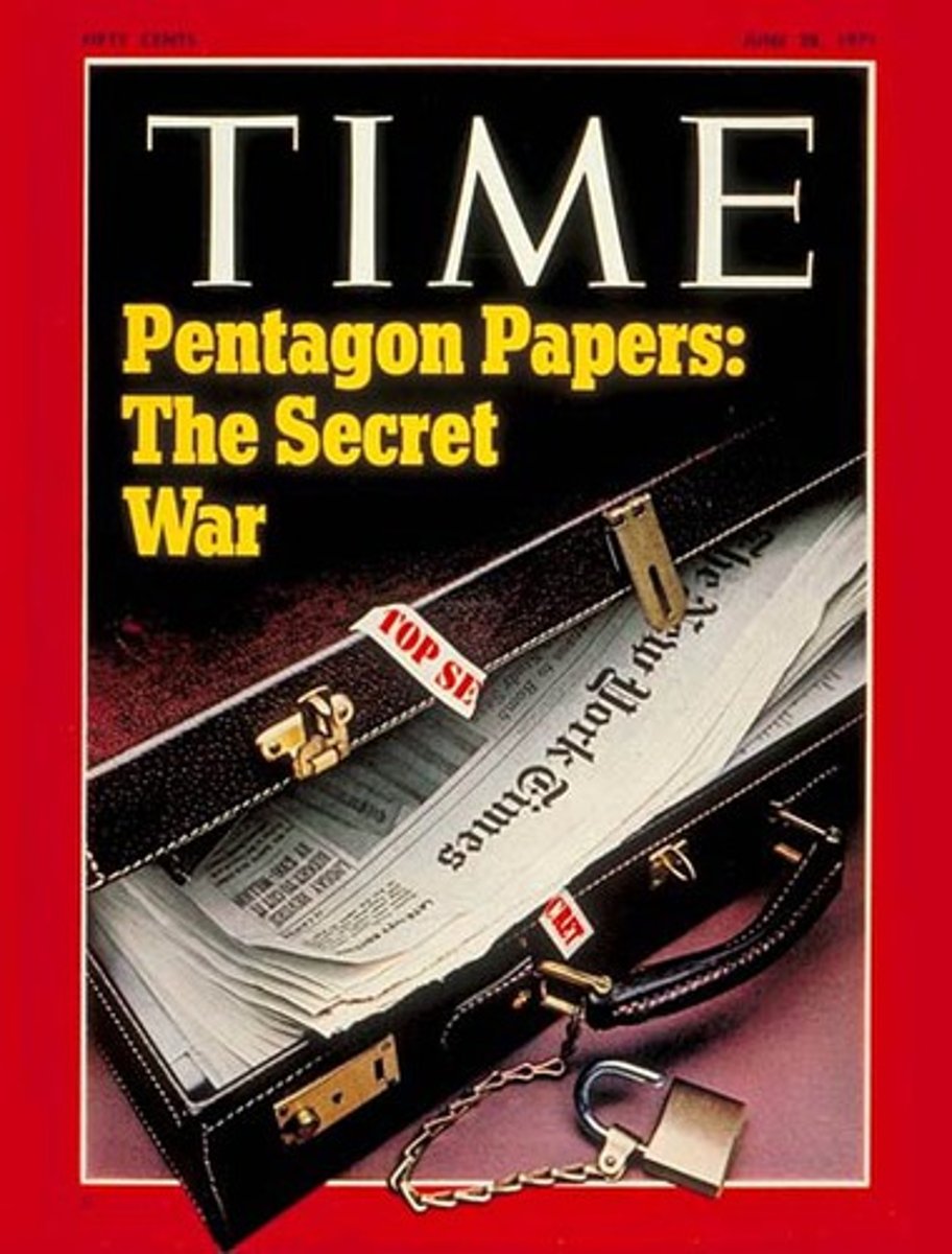 <p>New York Times had gotten a hold of the "Pentagon Papers" with info about the US' involvement in the Vietnam War and how the presidential administrations had lied to them</p><p>Nixon wanted to stop the printing of this stating that this could harm the US on the international level</p><p>NYT sued stating freedom of the press was violated</p><p>Court ruled in favor of NYT stating that the press was meant "to serve the governed, not the governors"</p><p>Expanded freedom of the press in America</p>