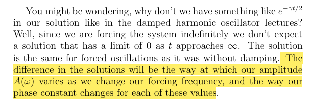<p>Nothing about the soltuion is different, only what happeneds to the amptlitude, and forceing frewquencnyes, and phase constand change</p>