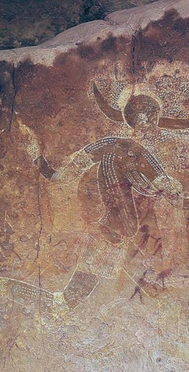 <p>It depicts livestock, wildlife, and humans, showcasing a composite view of the body and possibly symbolizing a ritual or dance.</p>