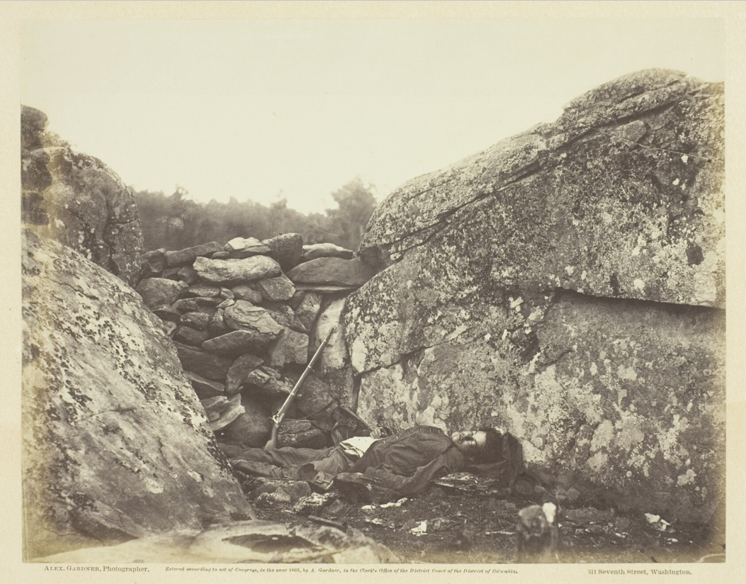<ul><li><p>dead confederate soldier killed during battle—shows aftermath from Civil War (exposure time too slow to capture battle)</p></li><li><p>published photographic sketchbook of Civil War</p></li><li><p>photo was posed and he used his own gun (lied and said the scene was still there when he returned months later)</p></li></ul><p></p>