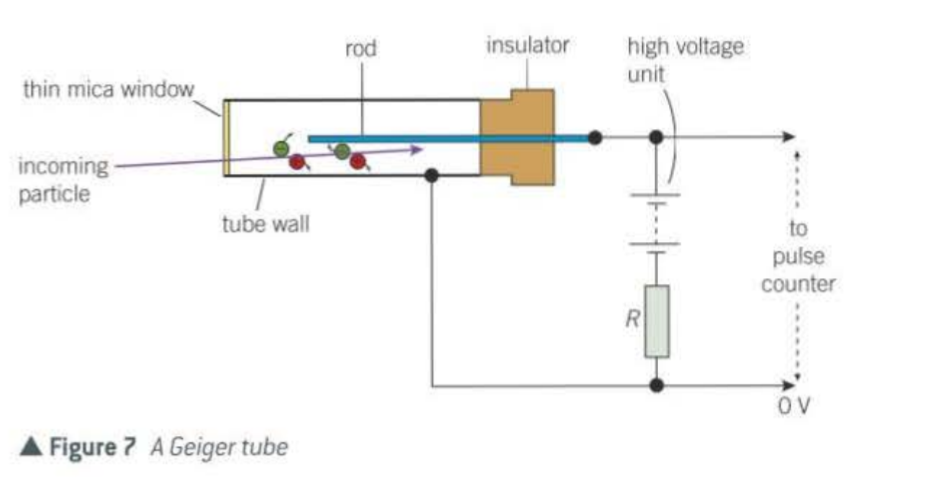 <p>An ionising particle ionising the gas atoms when it enters</p><p>negative ions are attracted to the rod</p><p>positive ions to the wall</p><p>ions accelerate and collide with other gas atoms and create further atoms </p><p>until so many ions are created a pulse of charge flows through R causing a voltage pulse which is recorded as a count</p>