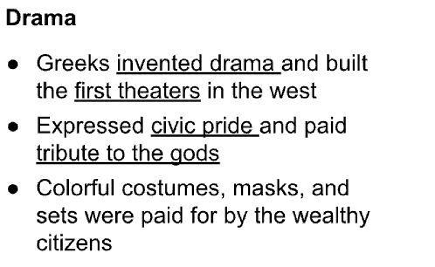 <p>Tragedy, comedy, and satyr plays.</p>