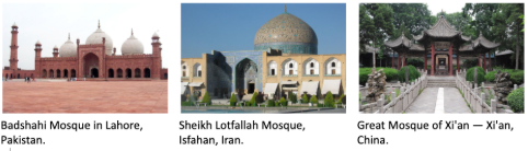 <p>They worship in mosques while praying towards Mecca. They look different depending on where they are and who built them. In China, the Muslim communities adopted local architectural styles.</p><p>Muslim decor that is found in mosques are not pictures/paintings. They are inscriptions of the Quran. </p><p>Muslims also have to make a trip to the Kaaba in Mecca, Saudi Arabia. They also have to pray 5 times daily </p><p></p>