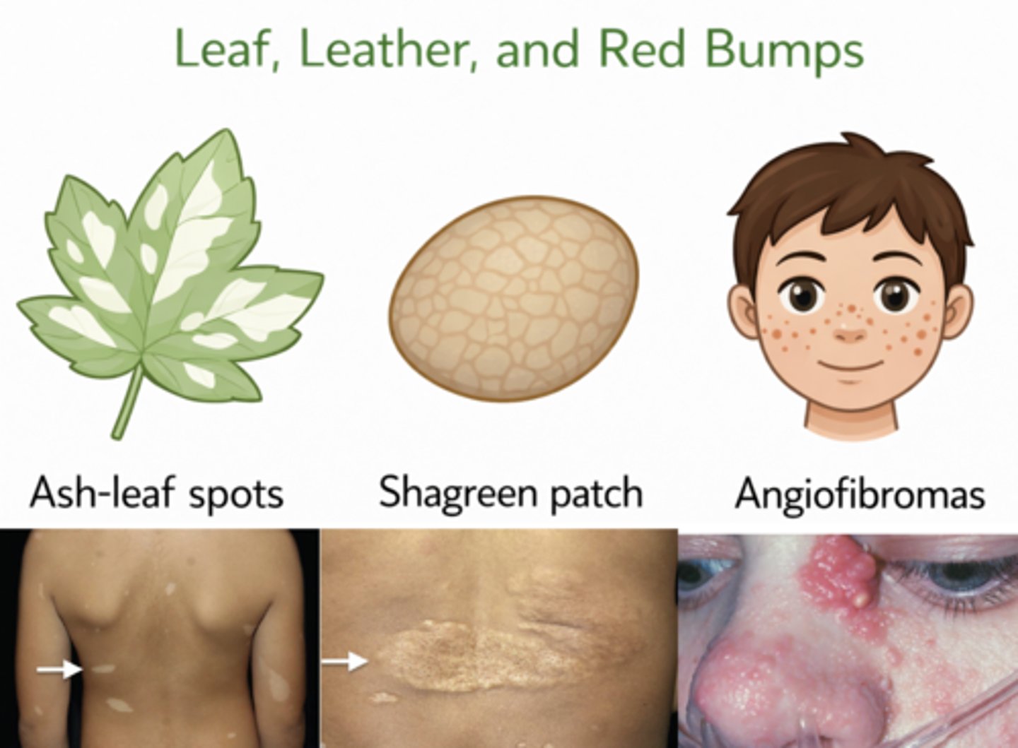 <p>-facial angiofibromas</p><p>-shagreen patches</p><p>-ash-leaf spots</p><p>-also periungual fibromas</p>