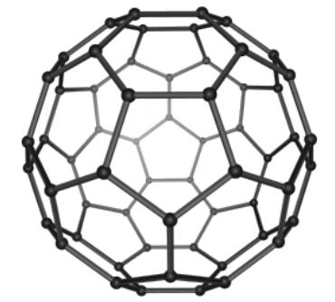<p><span style="background-color: transparent;"><span>Resembles a hollow cage-like structure. Can take a spherical, ellipsoid, or tube-like shapes</span></span></p><ul><li><p><span style="background-color: transparent;"><span>Denoted by Cn where</span><em><span> n</span></em><span> indicates the number of carbon molecules</span></span></p></li><li><p><span style="background-color: transparent;"><span>The most famous fullerene, buckminsterfullerene is denoted by &nbsp;C60 and can be found naturally. Image of buckminsterfullerene below.</span></span></p></li></ul><ul><li><p><span style="background-color: transparent;"><span>Fullerenes with less than 60 carbon atoms are called ‘lower fullerenes’ and those with greater than 70 are called ‘upper fullerenes’</span></span></p></li><li><p><span style="background-color: transparent;"><span>Applications include MRI &amp; X-ray contrasting agents, drug &amp; gene delivery, and tumor treatment</span></span></p></li></ul><p></p>