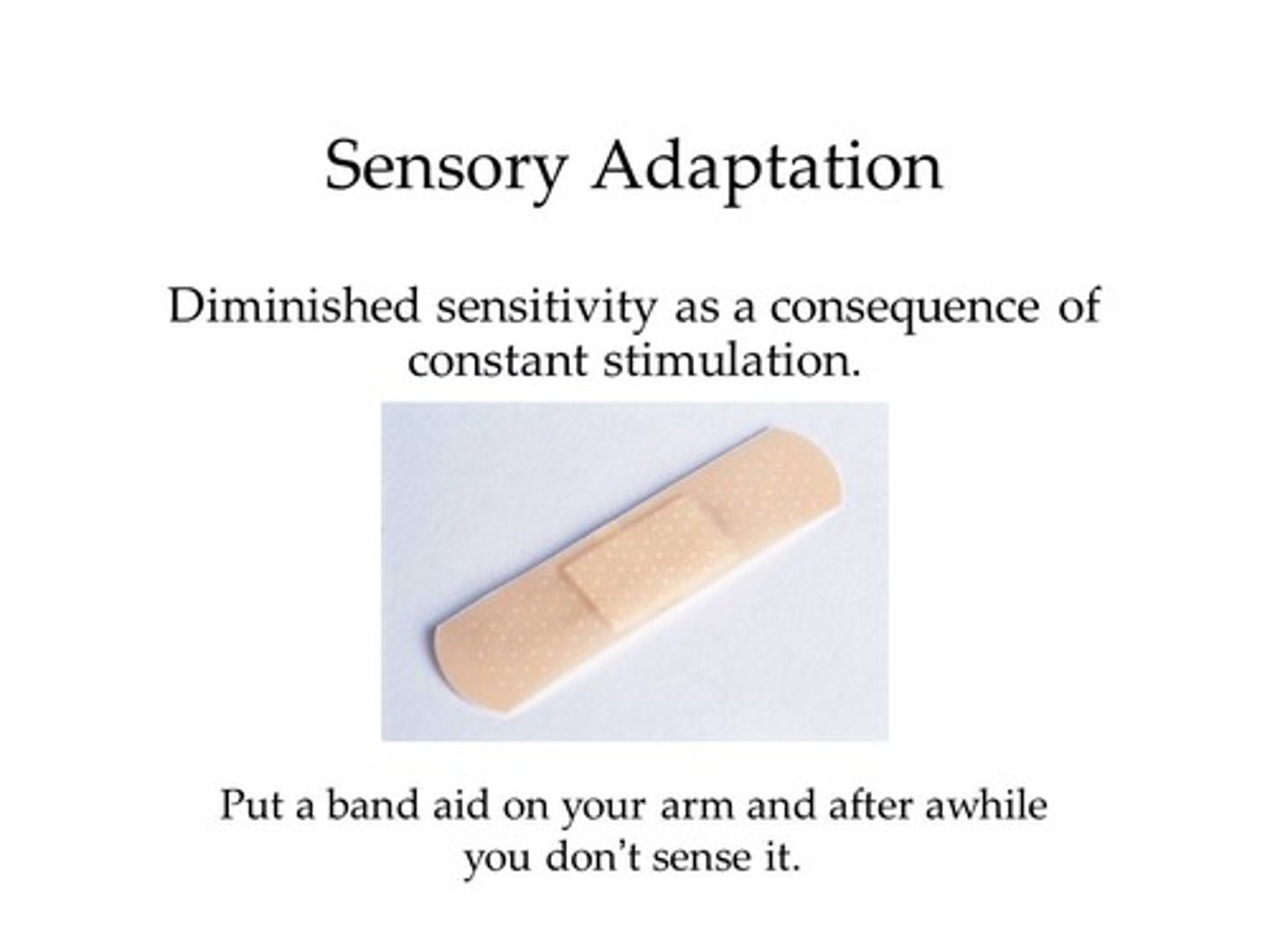 <p>Sensory adaptation is described as a change in the sensitivity of one's perception of a sensation and allows humans to adapt to their surroundings.</p>