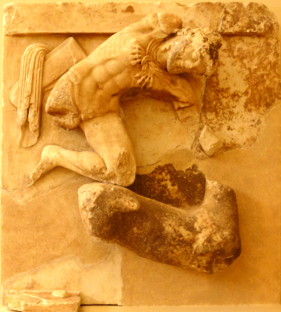 <p>What is aesthetically pleasing about this metope? (3)</p>